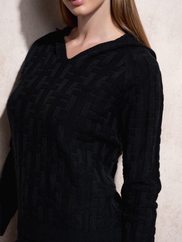 Jacquard hooded knit sweater