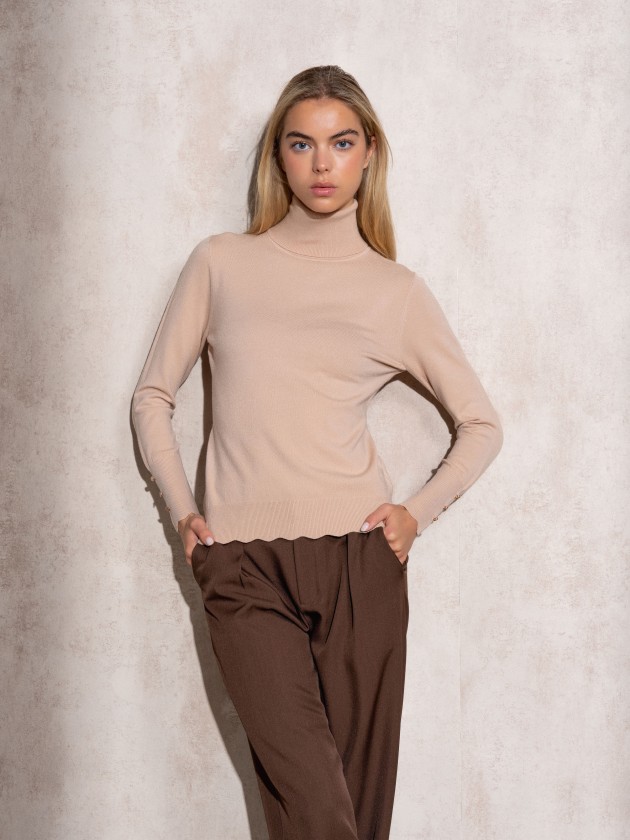 High neck knit sweater with gold buttons