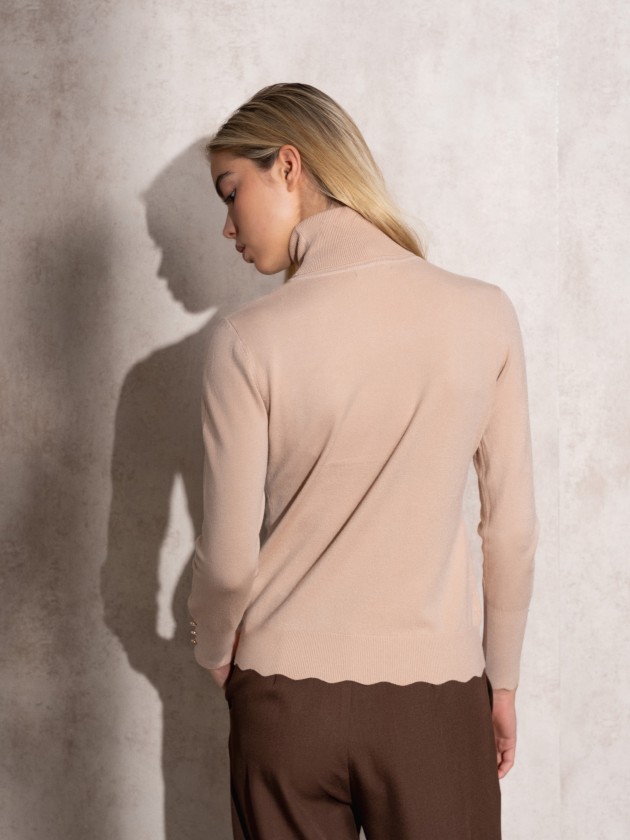 High neck knit sweater with gold buttons