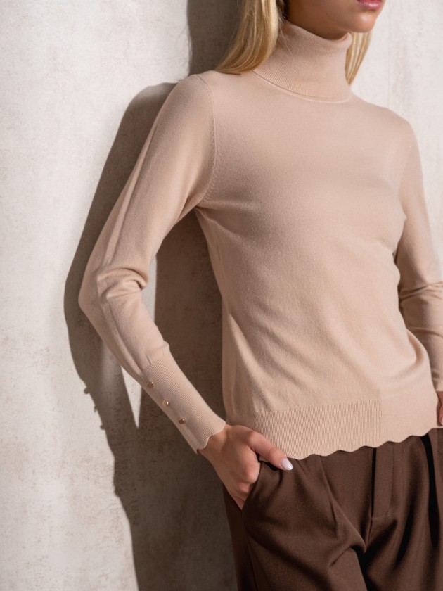 High neck knit sweater with gold buttons