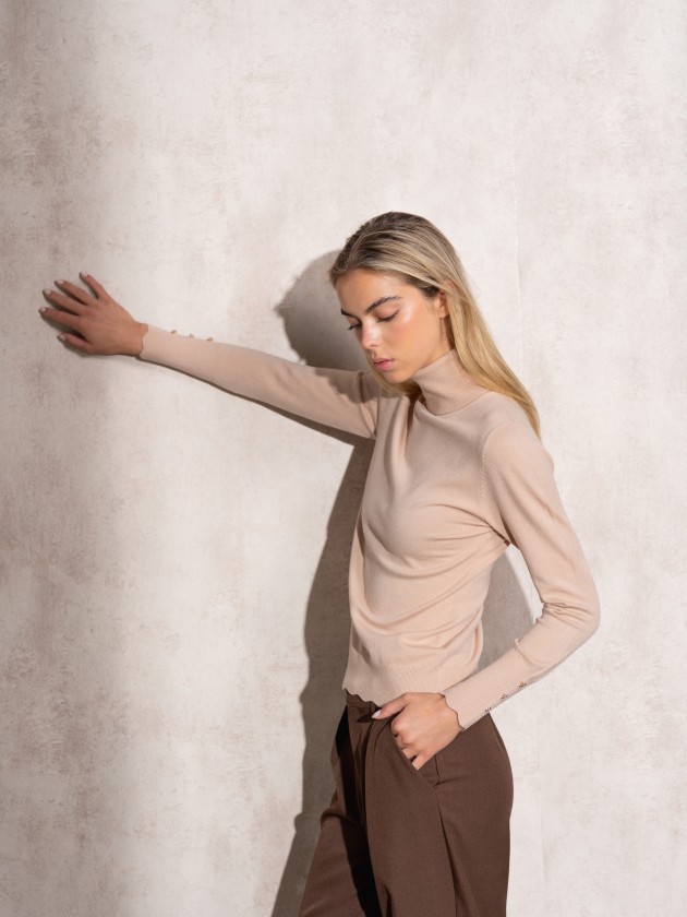 High neck knit sweater with gold buttons