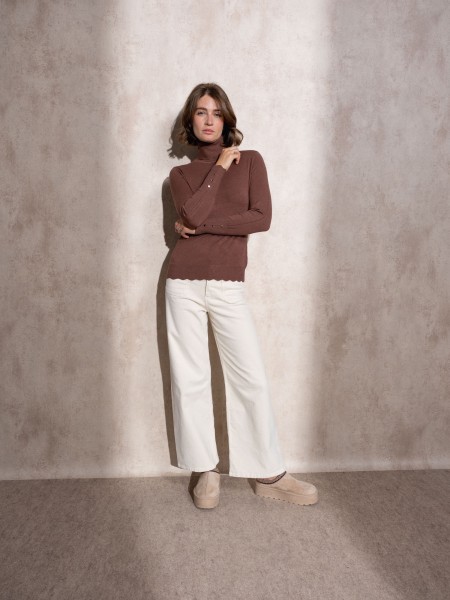 High neck knit sweater with gold buttons