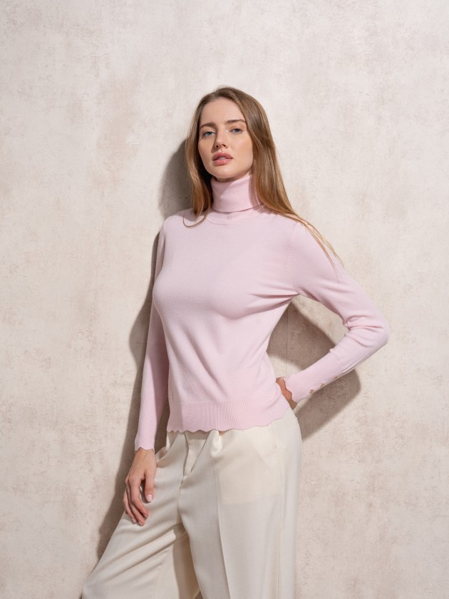 High neck knit sweater with gold buttons