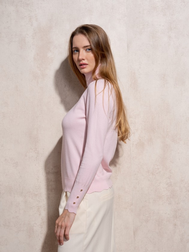 High neck knit sweater with gold buttons