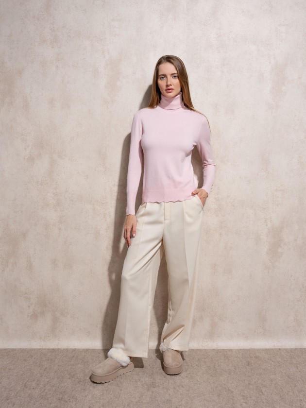 High neck knit sweater with gold buttons