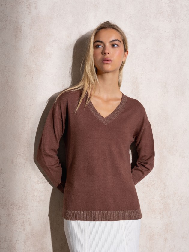 V-neck lurex knit sweater
