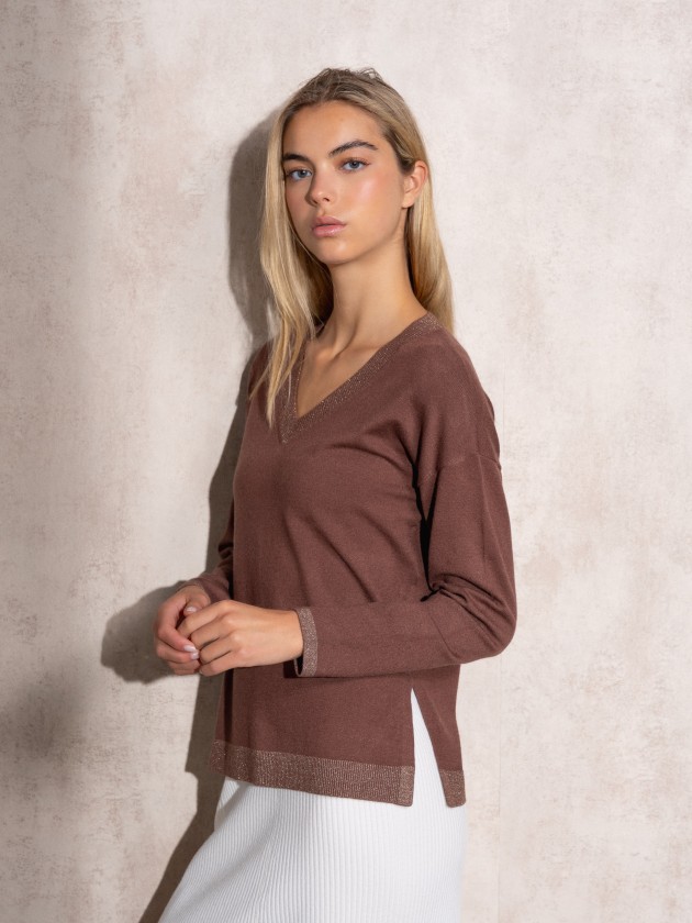 V-neck lurex knit sweater