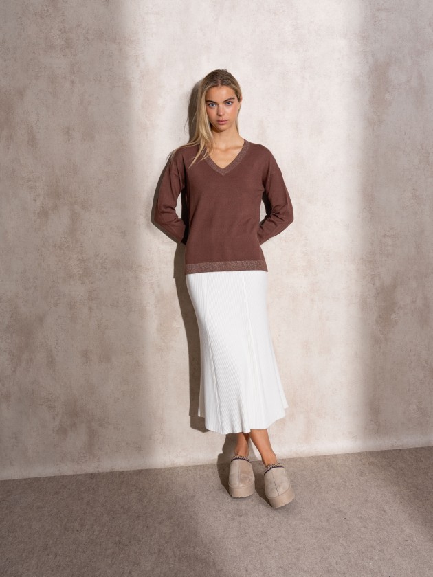 V-neck lurex knit sweater