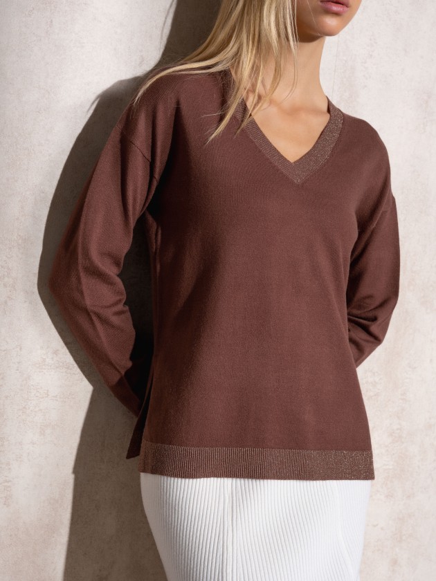 V-neck lurex knit sweater