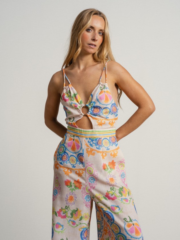 Printed jumpsuit with thin straps