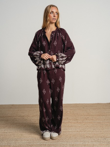 Wide, flowing pants with a print.
