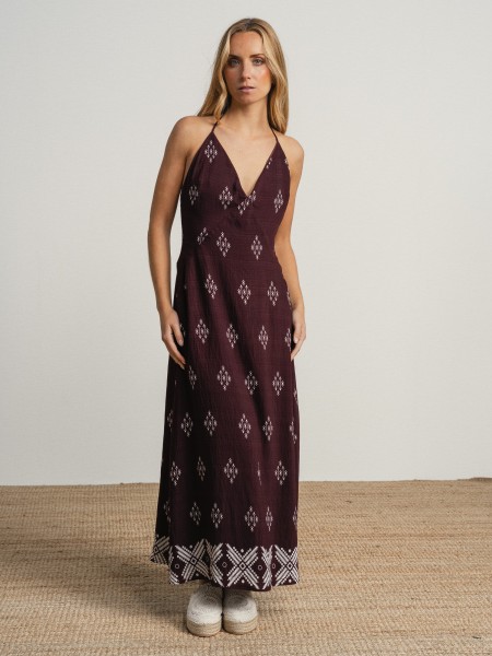 Long printed dress with a v-neck and thin straps
