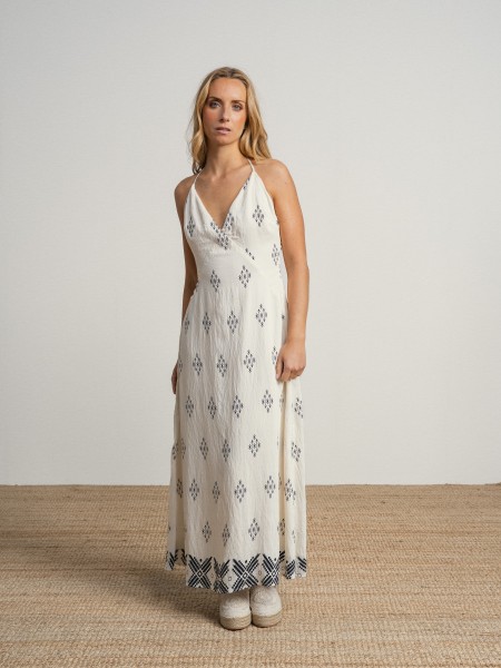 Long printed dress with a v-neck and thin straps