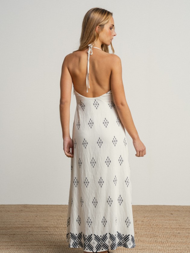 Long printed dress with a v-neck and thin straps