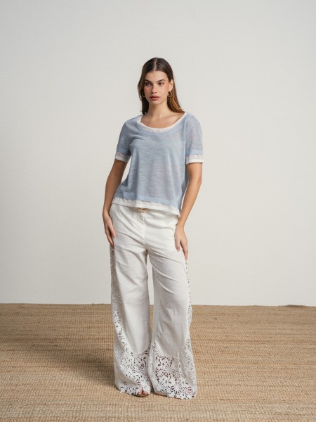 Double contrast short-sleeved camisole with sheer details