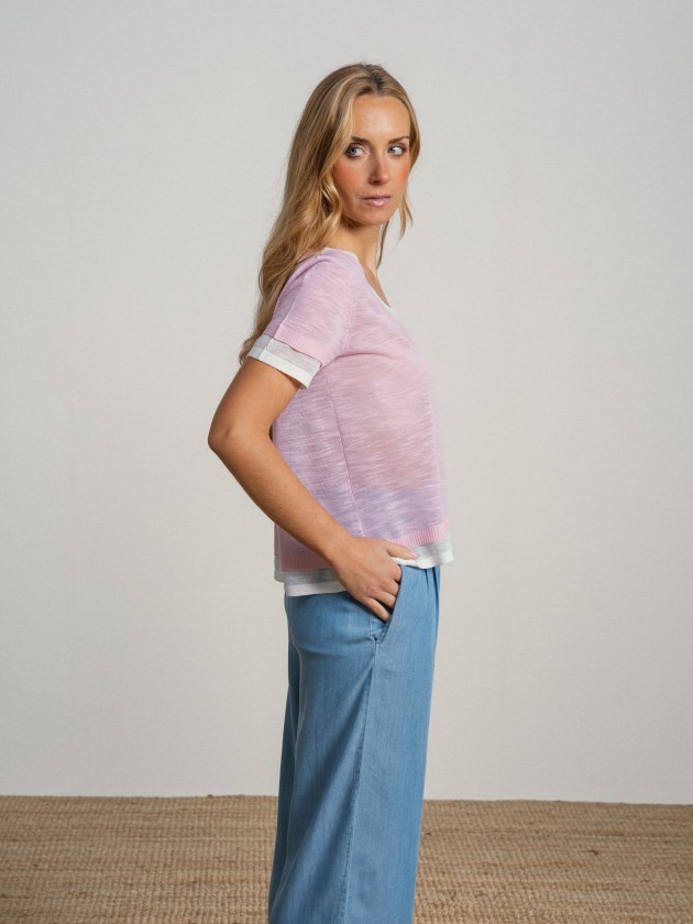 Double contrast short-sleeved camisole with sheer details Double contrast short-sleeved camisole with sheer details