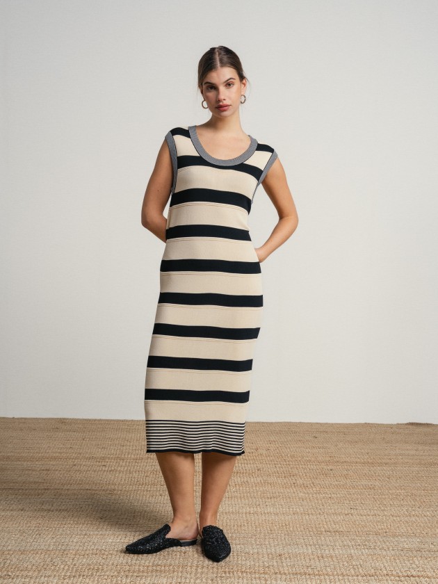 Long, asymmetrical striped sleeveless dress