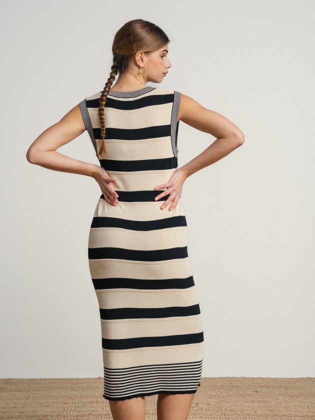 Long, asymmetrical striped sleeveless dress