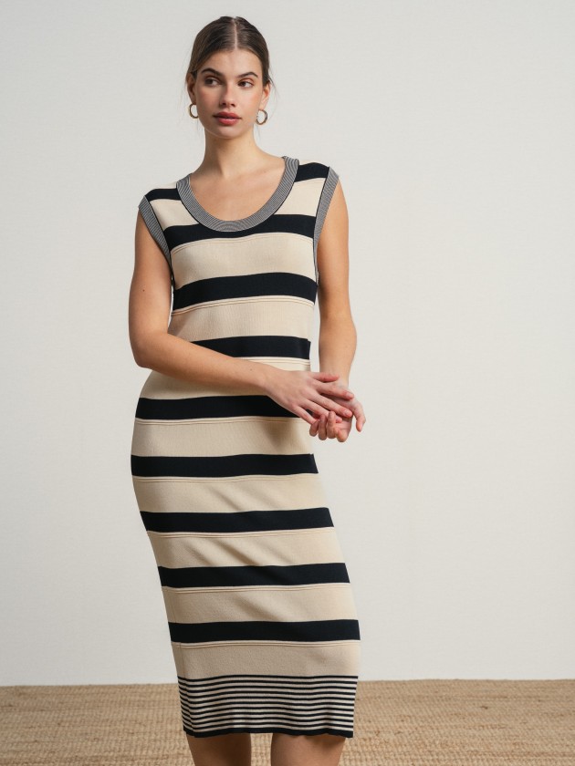 Long, asymmetrical striped sleeveless dress