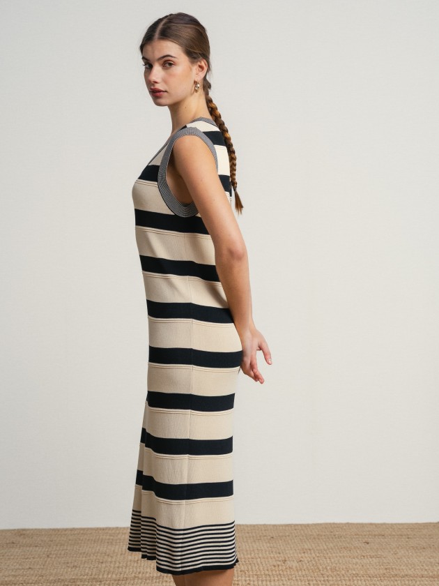Long, asymmetrical striped sleeveless dress