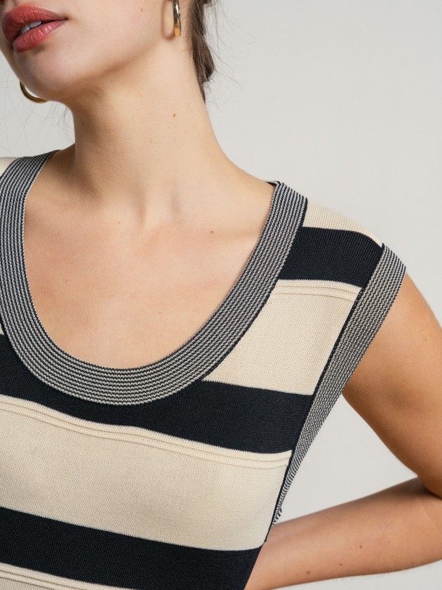 Long, asymmetrical striped sleeveless dress