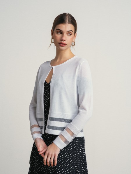 Jacket with button and two transparent stripes.