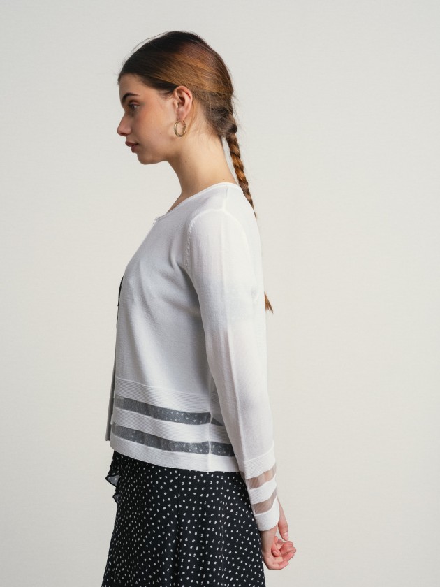 Jacket with button and two transparent stripes. Jacket with button and two transparent stripes.