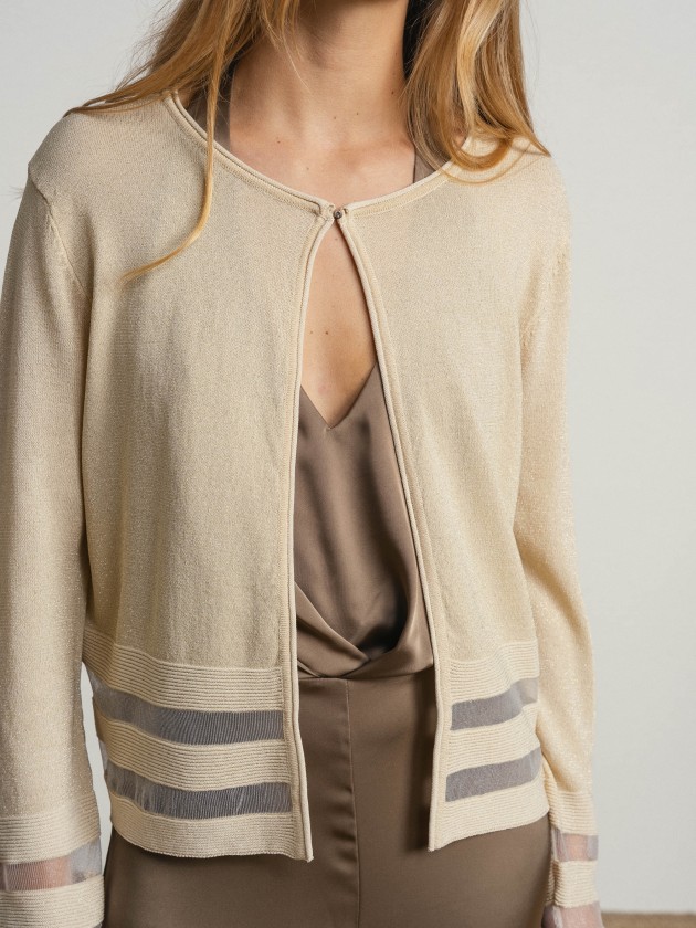 Jacket with button and two transparent stripes. Jacket with button and two transparent stripes.