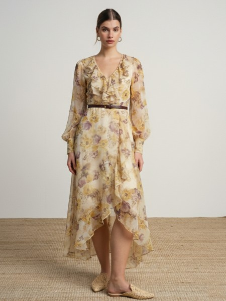 Long dress with flowers and belt