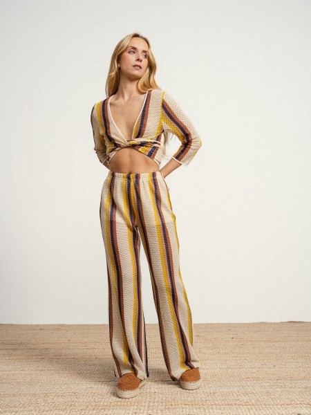 Striped cotton trousers with sheer details