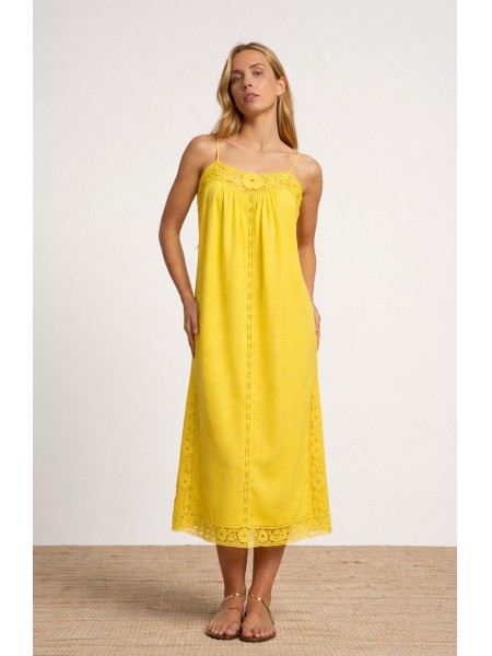 Long linen dress with embroidery and thin straps.