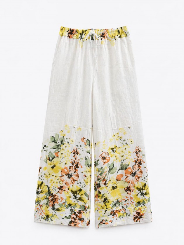 Calças wide leg em linho floral Calças wide leg em linho floral