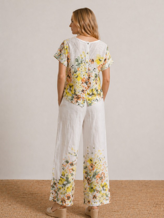 Calças wide leg em linho floral Calças wide leg em linho floral