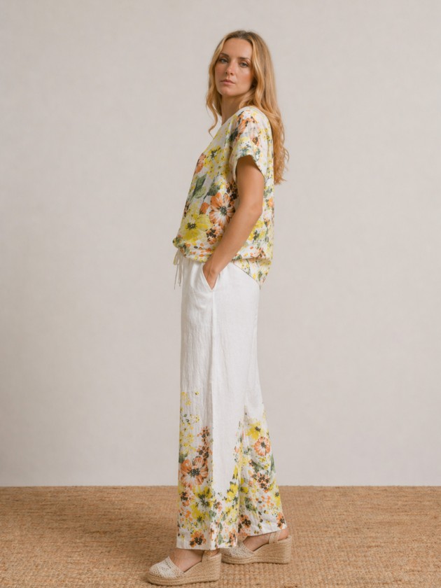 Calças wide leg em linho floral Calças wide leg em linho floral