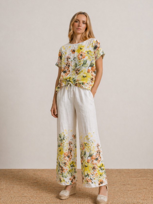 Calças wide leg em linho floral Calças wide leg em linho floral