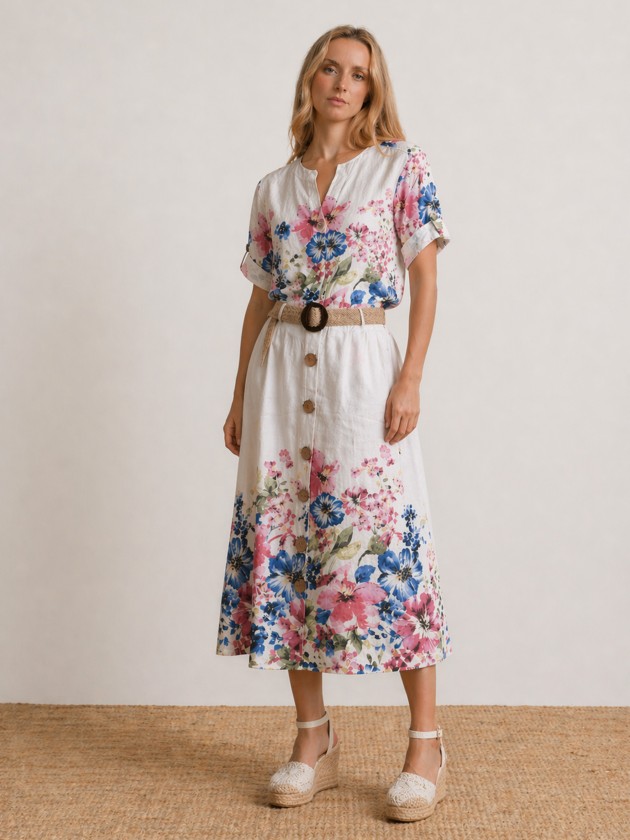 Midi skirt in linen with floral print.