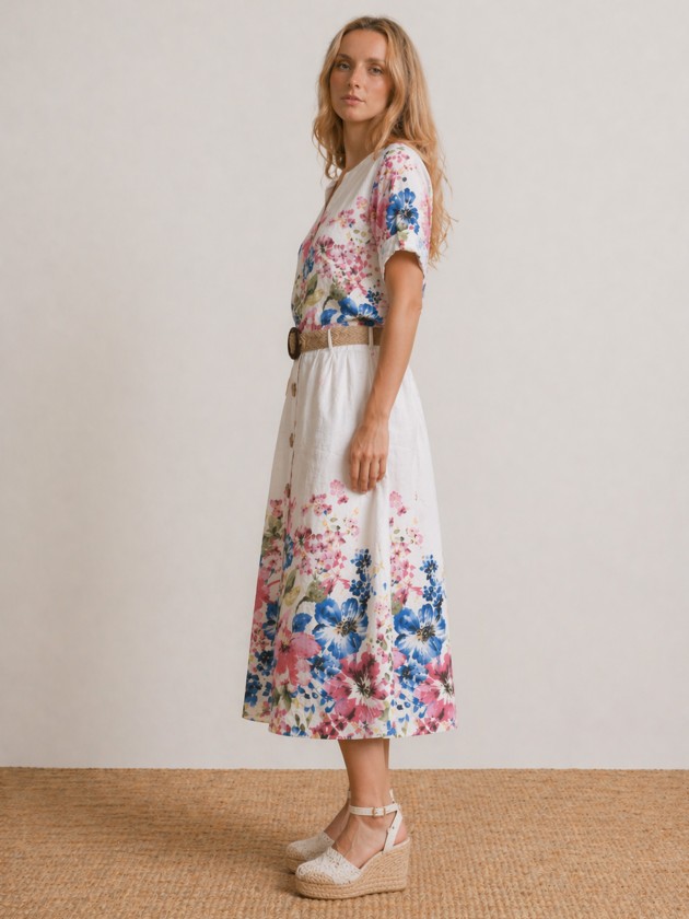 Midi skirt in linen with floral print.