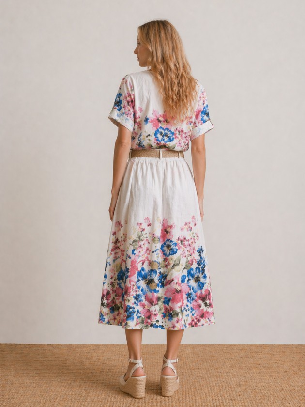 Midi skirt in linen with floral print.