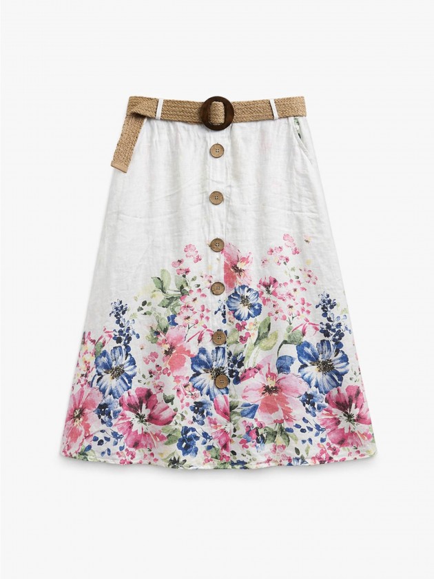 Midi skirt in linen with floral print.