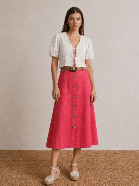 Linen midi skirt with buttons.