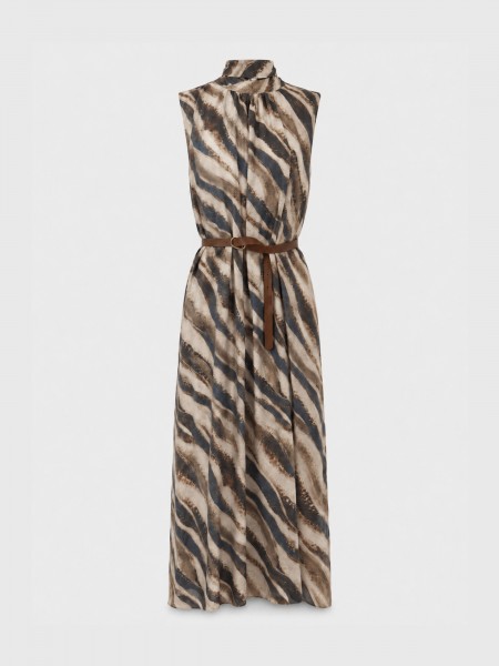 Long printed dress with belt.