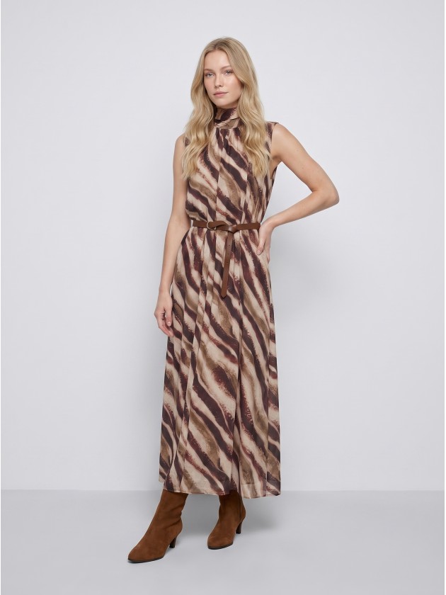 Long printed dress with belt. Long printed dress with belt.