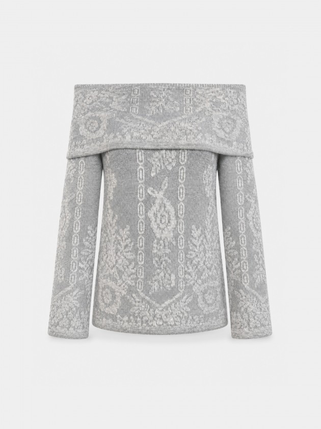 Jacquard knit sweater with off-the-shoulder design. Jacquard knit sweater with off-the-shoulder design.