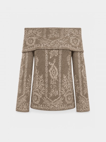Jacquard knit sweater with off-the-shoulder design.