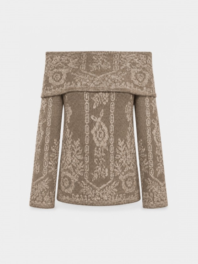 Camisola de malha jacquard com ombros descobertos Camisola de malha jacquard com ombros descobertos