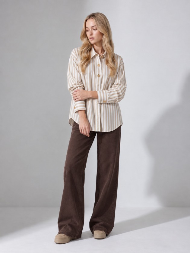 A shirt with rich, metallic buttons.