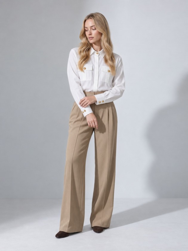 Shirt with pockets and metal buttons.
