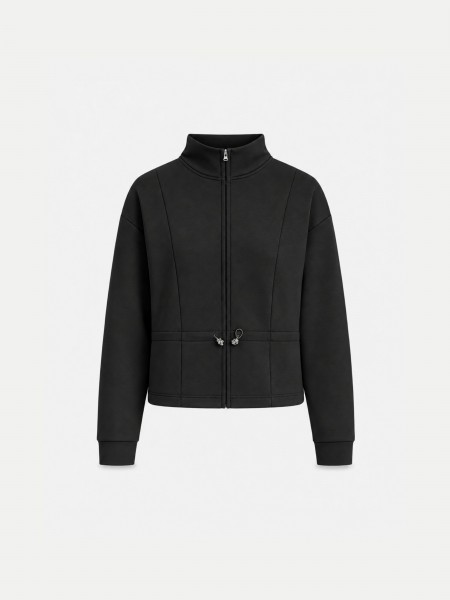 Jacket with zipper and drawstring.