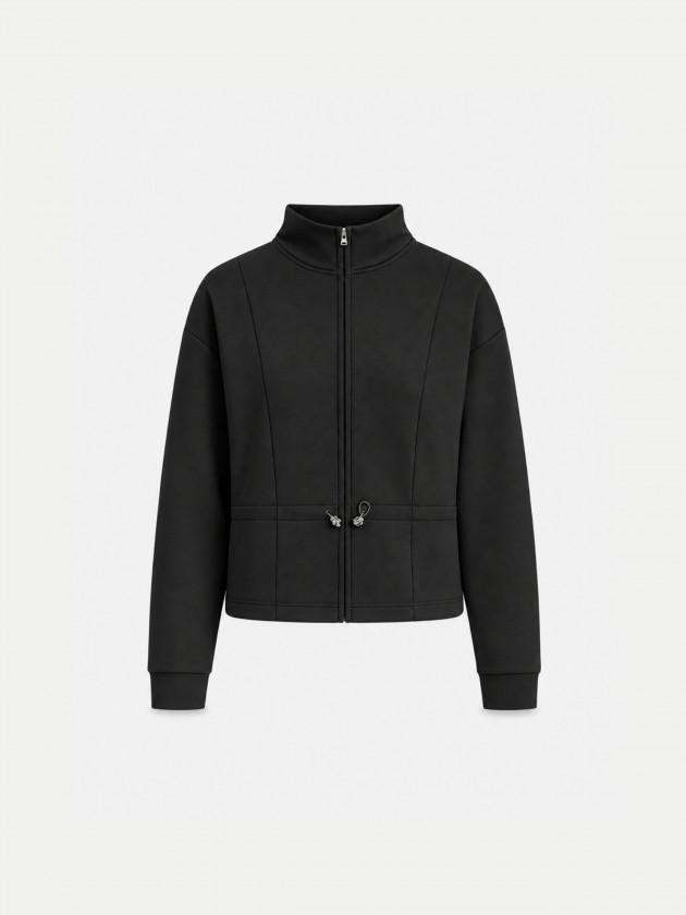 Jacket with zipper and drawstring.
