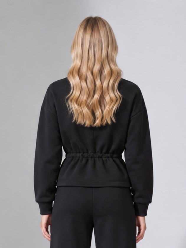 Jacket with zipper and drawstring.